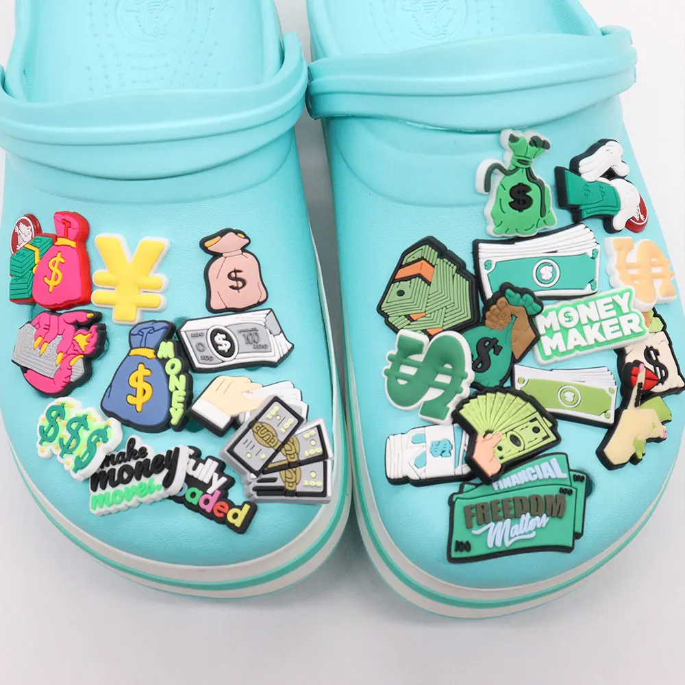 

Wholesale 50pcs PVC Garden Shoe Accessories Money banknotes Dollar Shoe Decorations Fit Croc Jibz Charm Boys Girls Party Present