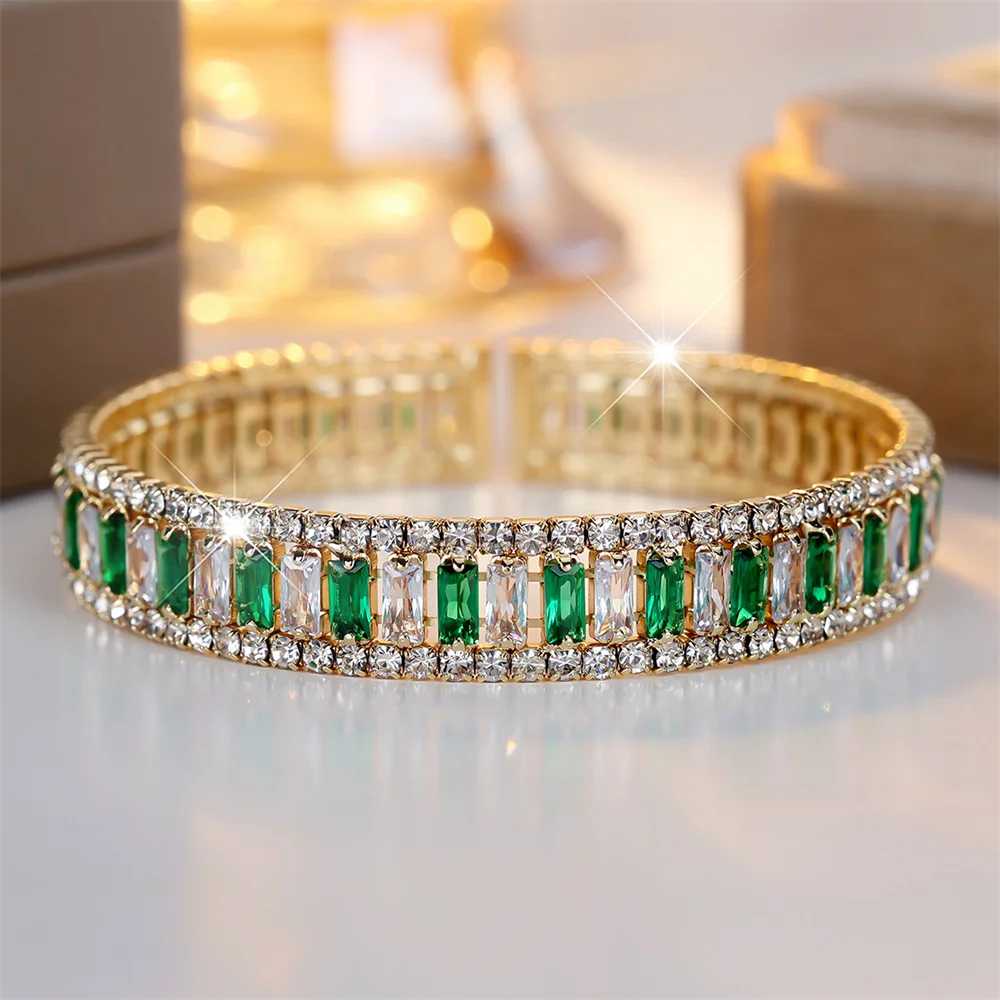 Square Stone Green Crystal Fashion Rhinestone Bangle Bracelets For Women Trendy Gold Color White Zircon Bracelet Wedding Jewelry