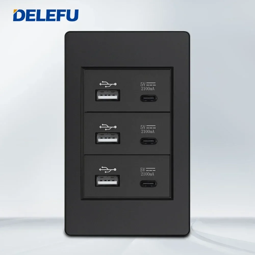 DELEFU 4*2 PC 난연 패널 6 충전 포트 트리플 USB 유형 C 벽 플러그 118*74mm 2.1A 5V 콘센트