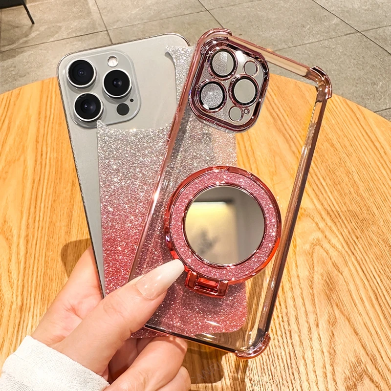 Four-Corner Anti-Shock Mirror Stand Phone Case with Plating Finish