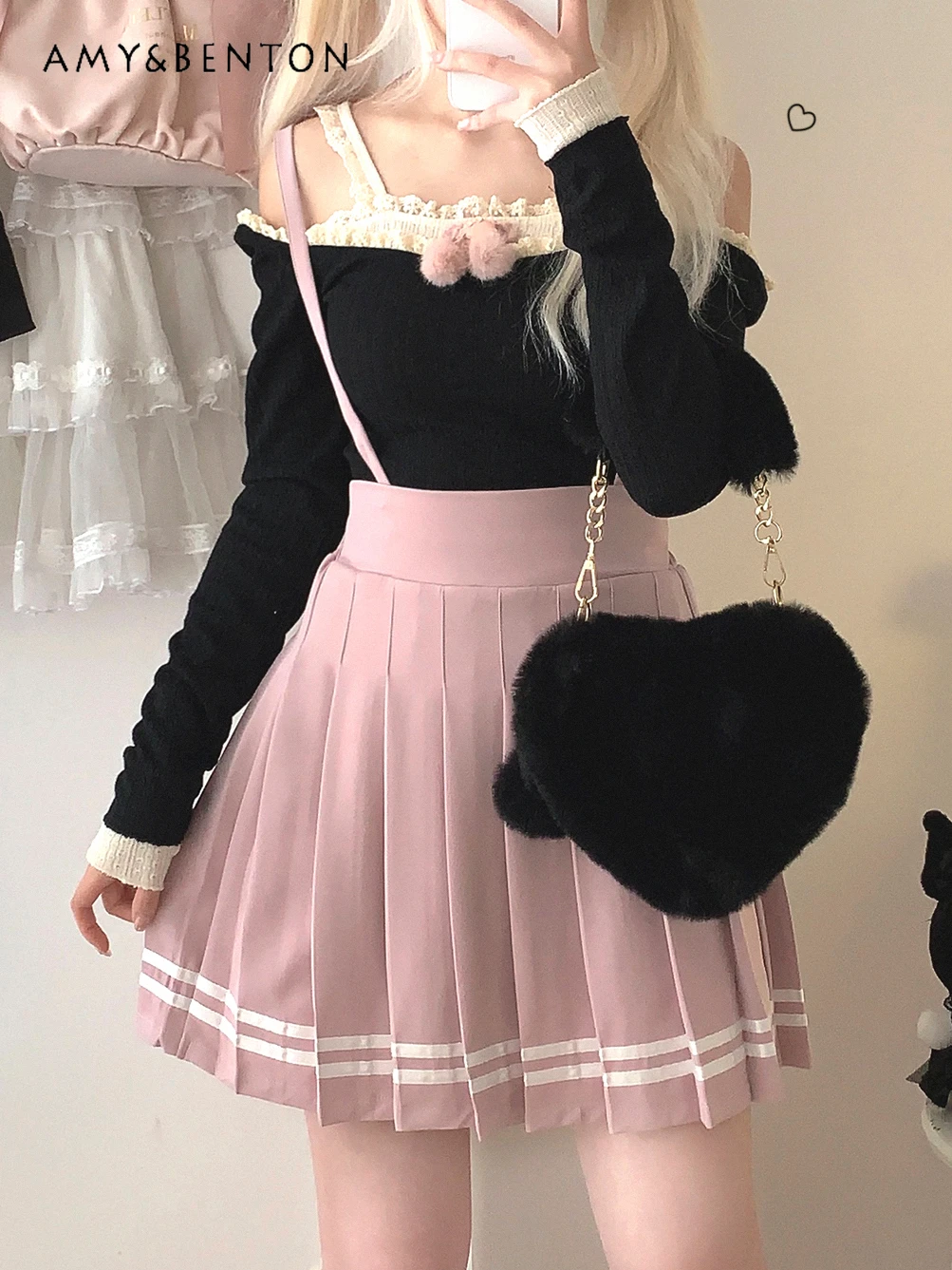 여성용 하이웨이스트 슬림 플리츠 스커트, 일본 스위트 걸, 올 매치 Y2K 미니 스커트, 마이 네이비 스타일 유니폼, 퓨어 컬러, 가을 신상 