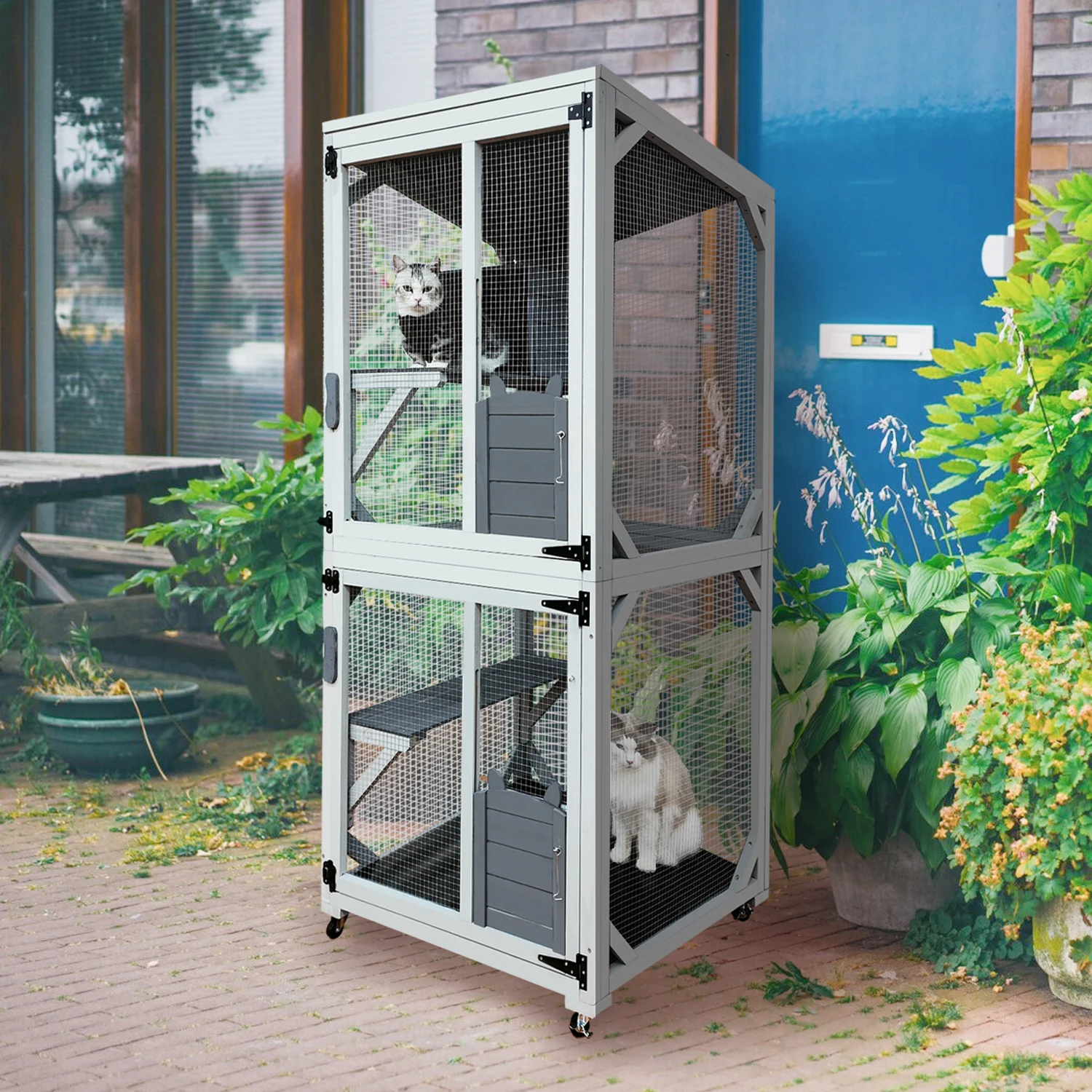 30.7" Wooden Outdoor Cat Enclosure, Luxury Cat House with Napping House Large Kitty Condo Cage Shelter with Sliding Doors