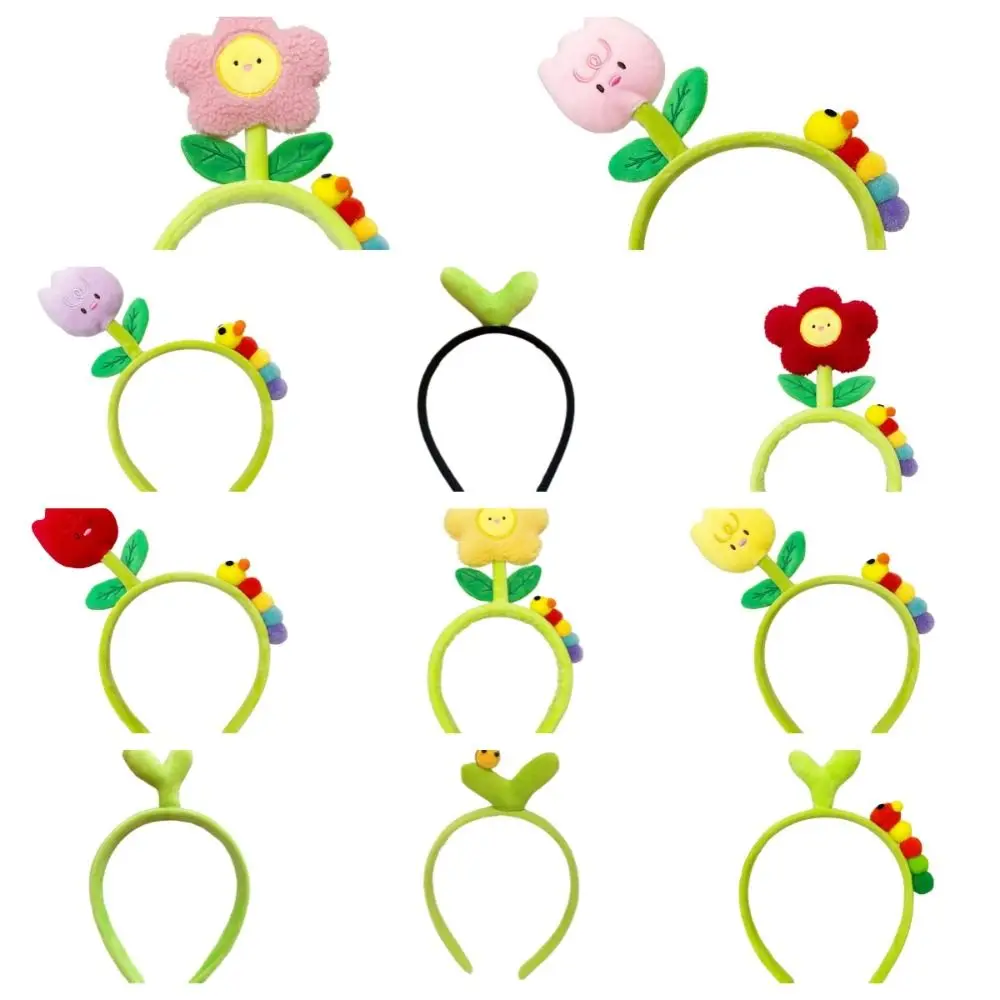 Diadema de flores de oruga de dibujos animados, diadema creativa de felpa con brotes de frijol, aro de pelo de tulipán, diademas de lavado de cara de estilo coreano