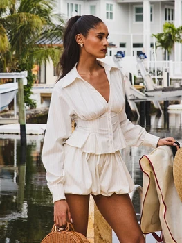 Martahqiqi Striped Female Nightwear Set Long Sleeve Nightgown Turn-Down Collar Pajama Shorts Casual Women Sleepwear 2 Piece Suit