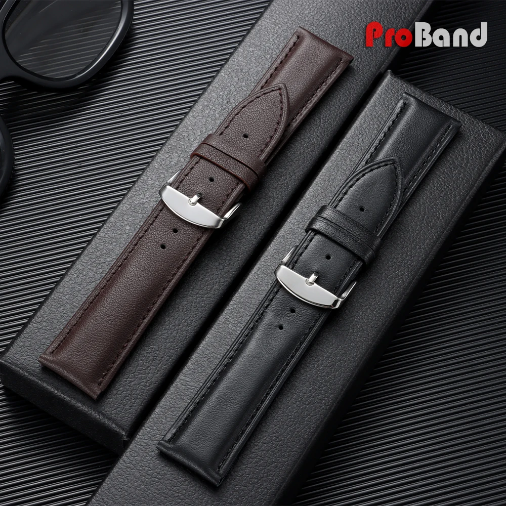 Elegant Leather Watch Band with Gold Butterfly Buckle - Soft Black & Brown Wristbelt