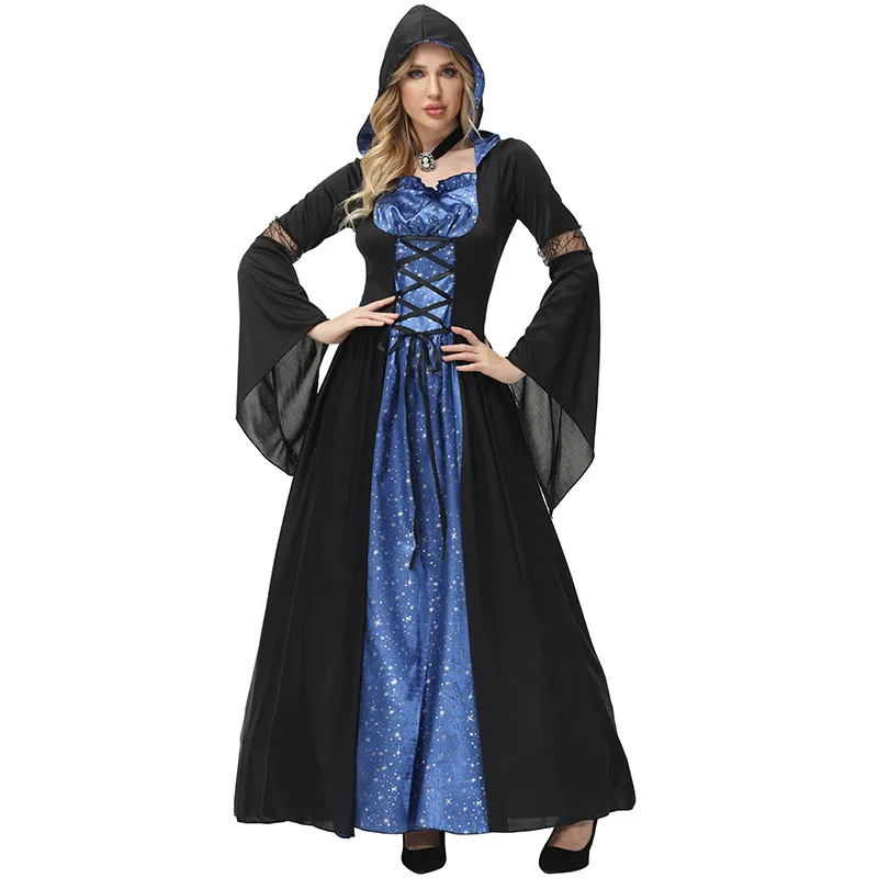 Donne Adulte Magic Witch Wizard Robe Gown Blue Stars Dress Halloween Role Play Dress Up Costume Cosplay