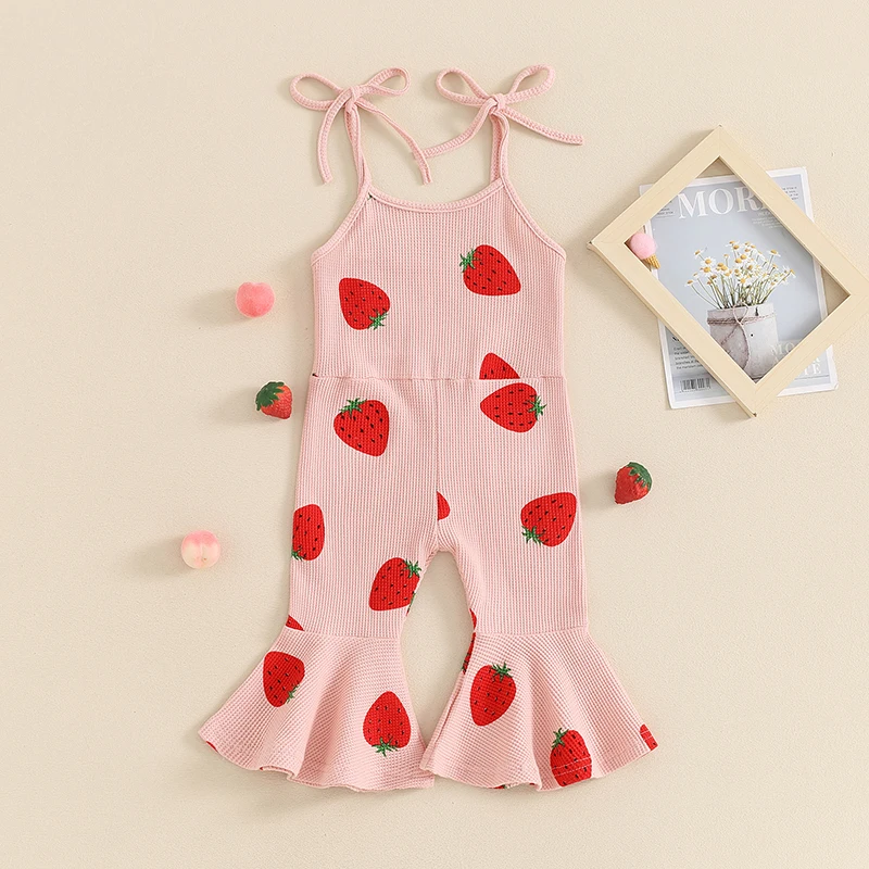 

Lioraitiin 1-5Y Summer Kid Girls Lovely Jumpsuit Sleeveless Spaghetti Straps Strawberry Print Overalls Flare Pants