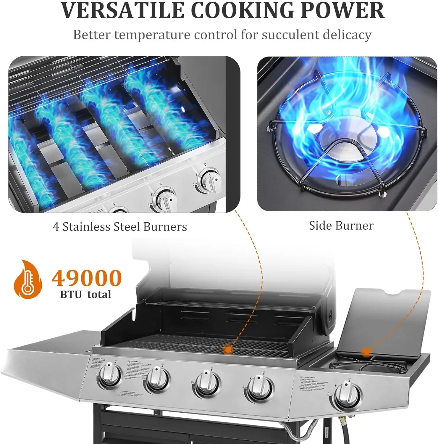 4- Propane Gas BBQ Grill with Side Burner & Porcelain-Enameled Cast Iron Grates Built-in Thermometer, 49,000 BTU O 6