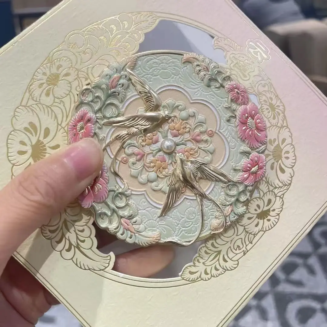 빈티지 중국 스타일 거울 모란 섬세한 꽃 미니 거울 화장 도구 휴대용 포켓 메이..