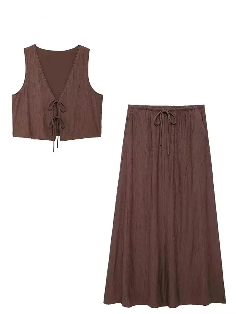 HH Women Fashion Vintage Solid Skirt Suit Bow Lace-up Tank Tops V Neck Cests Drawstring Midi Skirts Casual High Street Sets