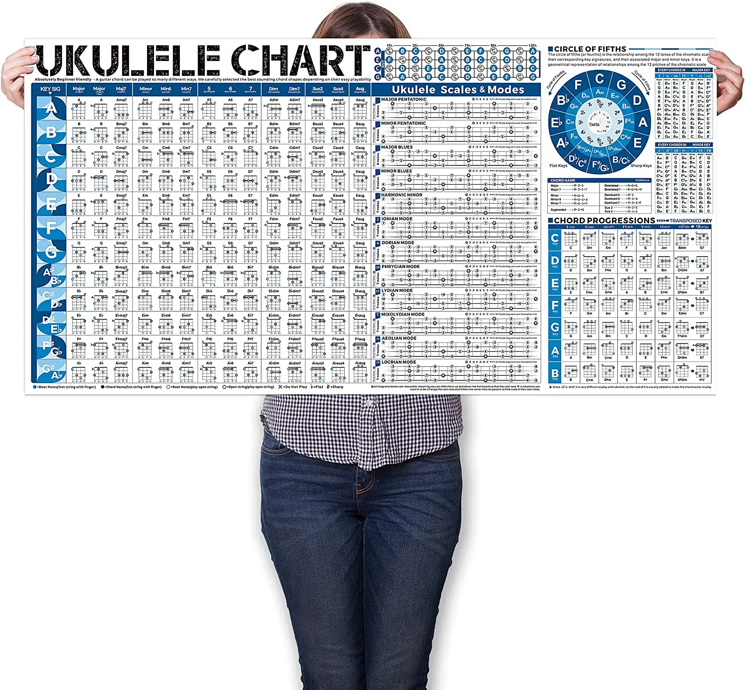 

Ukulele Chart Poster of Ukulele Chords Scales Tune Circle of Fifths Wheel and Music Theory for Beginners Adult or Kid