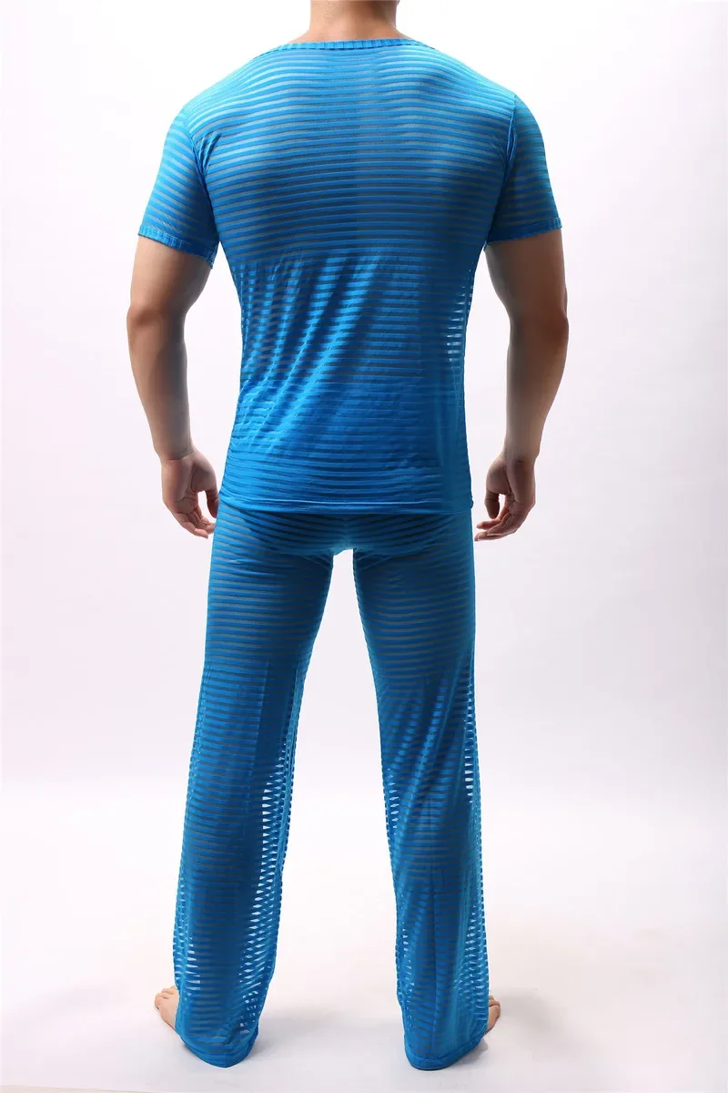 2PCS/Set See Through Loose Casual Long Pants Trousers Mesh Men Undershirts Sexy Men Underwear Slim Tops Pajama Bottoms Costumes