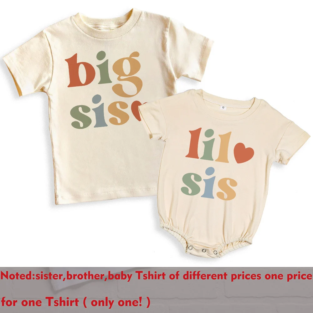 Big Brother Little Sister Printed Shirt Retro Sibling Matching Clothes Kids Short Sleeve T-shirt Tops Baby Large Bubbles Romper