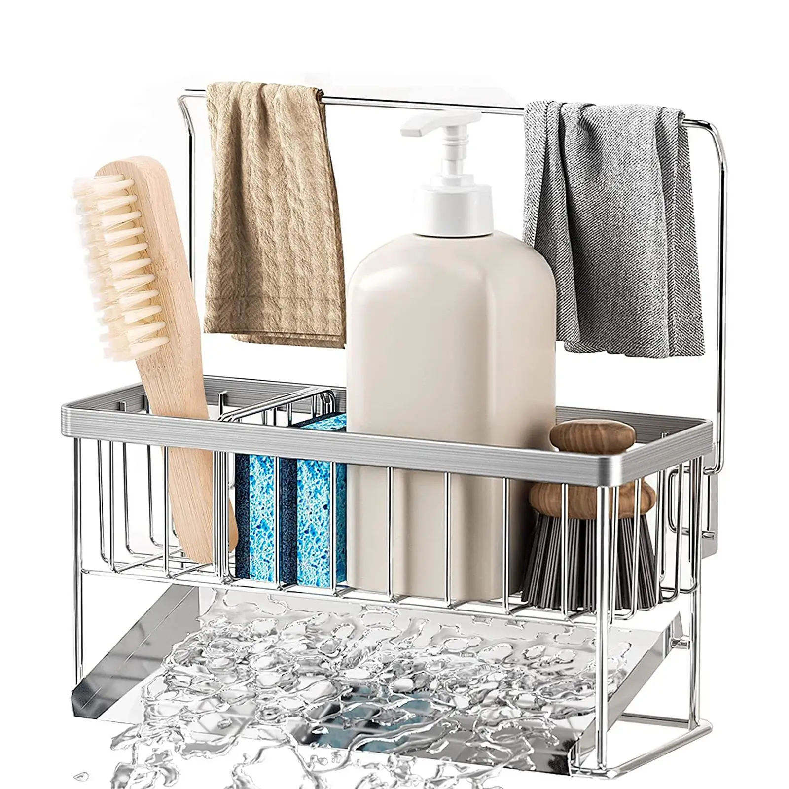 Multifunctional Sink Caddy, Kitchen Sink Organizer with Drawable Drain Tray,