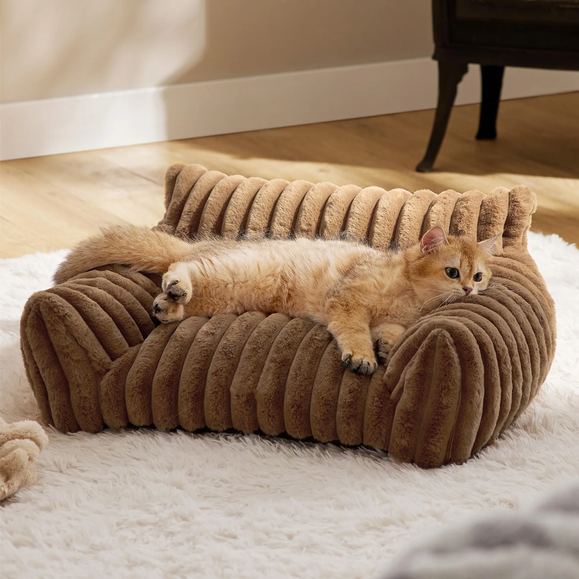 Fluffy Cat Sofa – Soft Corduroy Pet Bed with Removable Cover 1