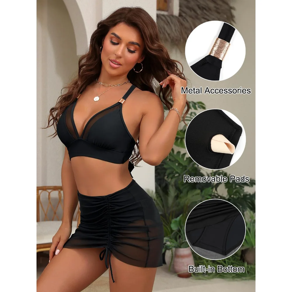 Women's High Waist Bikini Suit Belly Tuck Swimsuit Curved Mesh Swimming Skirt 2