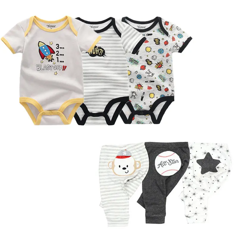 Fetchmous 6Pcs/lot bodysuits and pants Four Seasons Cartoon Newborn Baby Boy Girl Bodysuits baby pants Soft Baby Clothing
