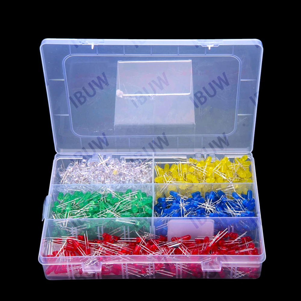 5가지 값 빨간색 녹색 1000개 5mm LED 발광 다이오드 빨간색 녹색 노란색 파란색 흰색 DIP 각 200개