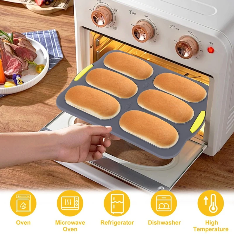 AAAN-Silicone Pan, Hot Dog Bun Pan With Oil Brush,6 Gutter Nonstick French Bread Bake Mold, French Bread Loaf Pan For Hot Dog