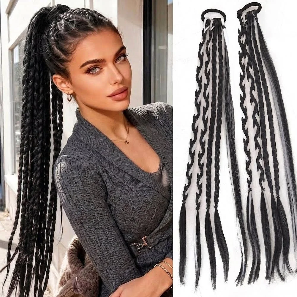 Extension per Coda di Cavallo Lunga Intrecciata, Estensioni di Capelli Sintetici, Treccine Colorate Rosso e Nero con Elastico, Accessorio per Capelli da Donna - immagine 5
