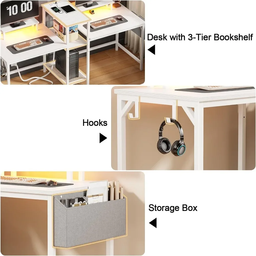 New2025-2 Person Gaming Desk with LED Lights, 71 Inch Computer Desk with Power Outlets and Monitor Stand, Double Desk with Stora