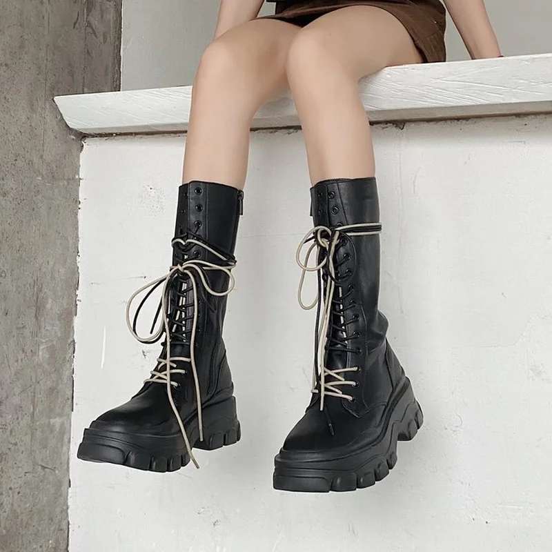 

Autumn Winter Women Motocycle High Boots Nice New Fashion Chelsea Boots Flats Platform Mid Calf Ladies Causal Shoes Thick Boots