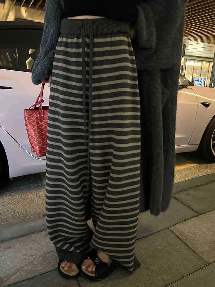 Harajuku Contrast Color Stripe Wide Leg Trousers Vintage Grunge Loose Knitted Casual Pant Y2k Aesthetic Women Straight Pants