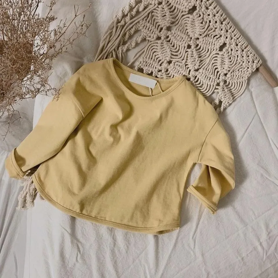 가을 겨울 남아 여아 솔리드 긴팔 보터밍 셔츠, 아이 루즈 티셔츠, 레트로 베이비 코튼 탑, 캐주얼 티
