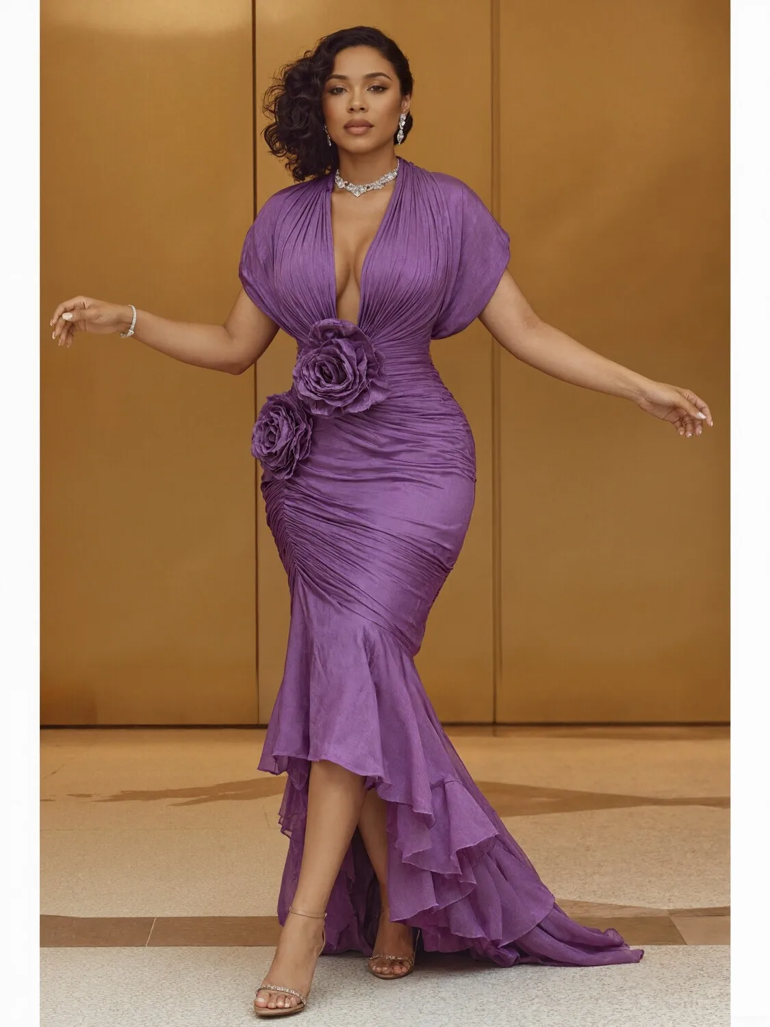 3D Floral Mermaid Evening Plus Size Dress Deep V Neck High Low Ruffle Maxi Dress Women Bodycon Formal Wedding Guest Dress
