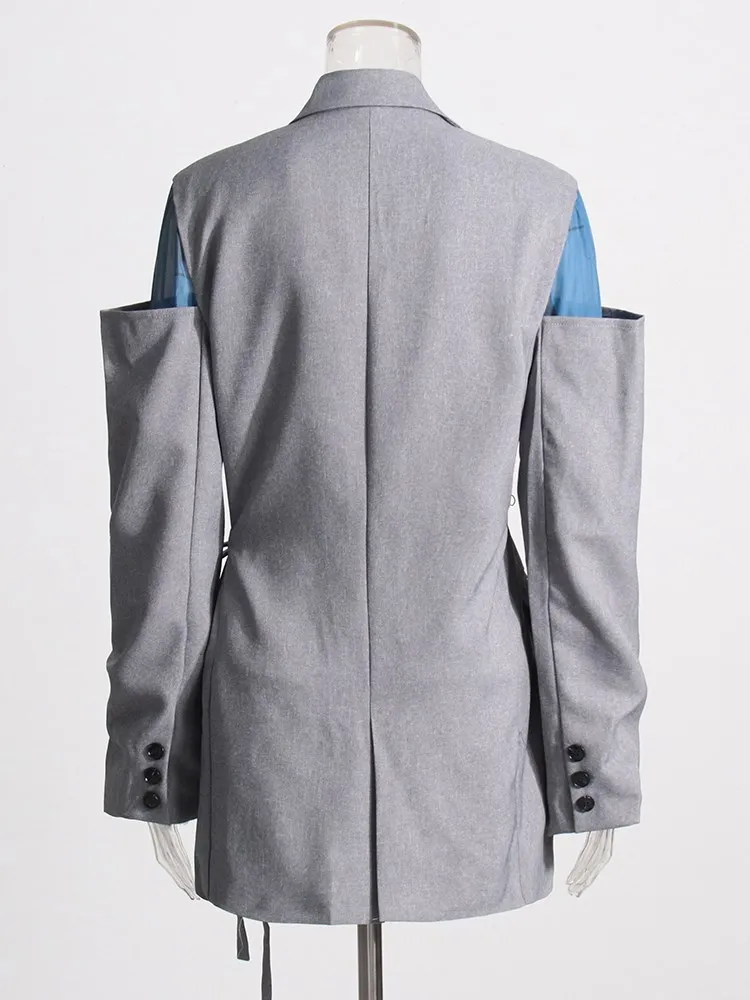 KBQ Spliced Lace Up Loose Chic Blazer For Women Notched Collar Long Sleeve Patchwork Pocket Hit Color Casual Blazers Female New