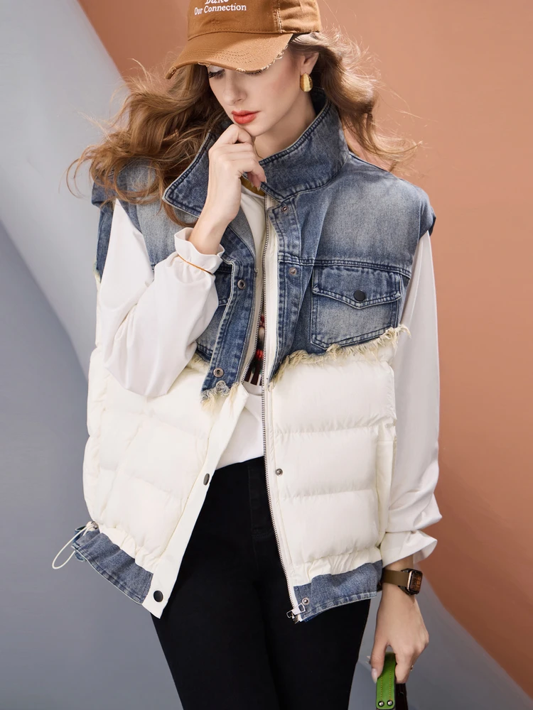 Women Oversized Denim Patchwork Puffer Vest Warm Sleeveless Jacket Streetwear Winter Fashion Outerwear Casual Layered Gilet 5