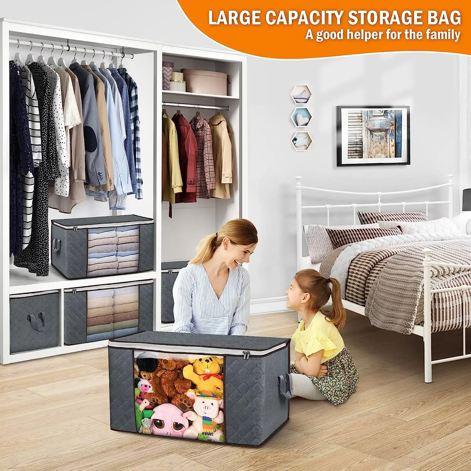 90L Large Storage Bags 6 Pack Clothes Storage Bins Foldable Closet Organizers Storage Containers with Reinforced Handle 4