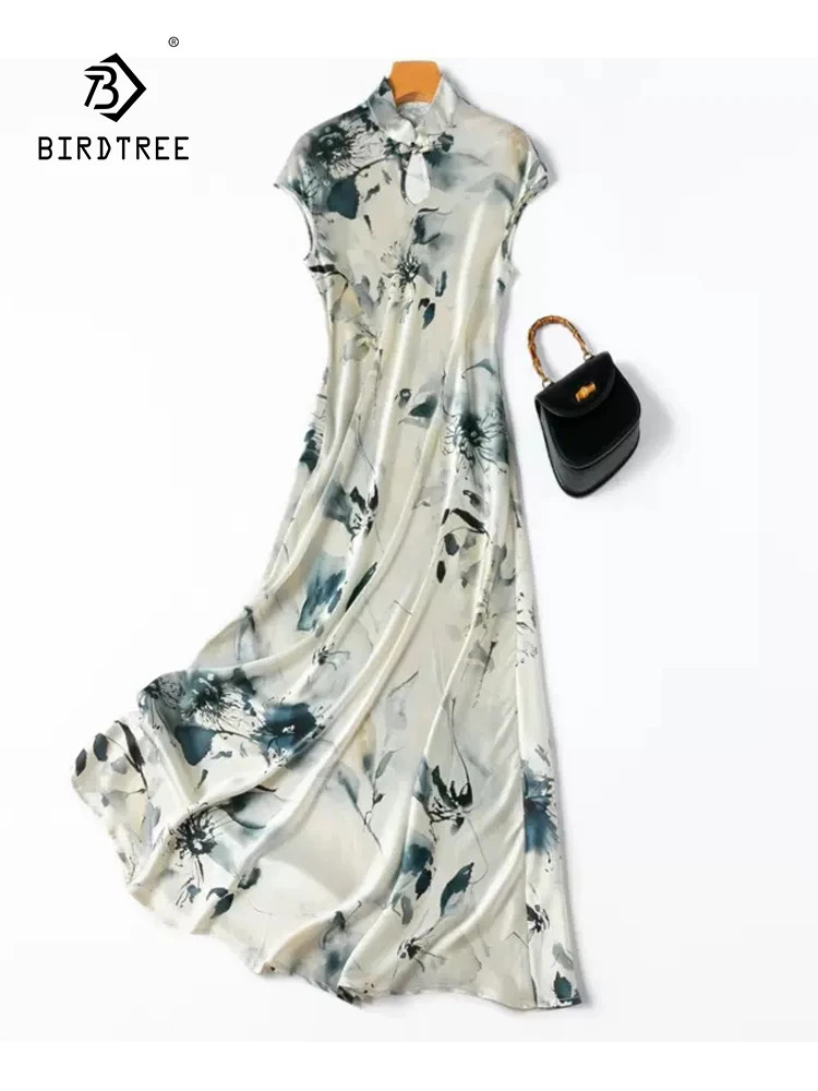 

BirdTree, 19MM 93%Real Silk Elegant Dresses, Women Short Sleeve Stand Printed, Retro Chinese Dress, 2024 Summer New D44869QC