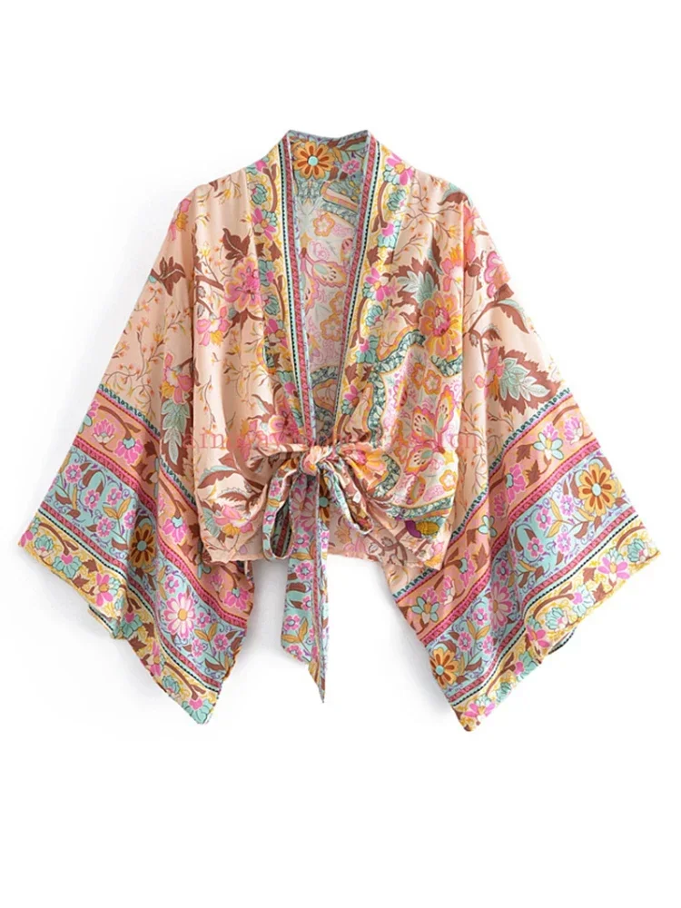 Boho Vintage Floral Print Beach Summer Short Kimono Women Fashion Ladies Casual V Neck Batwing Sleeves Bohemian Cover-ups beach cover swimsuit cover beach dress