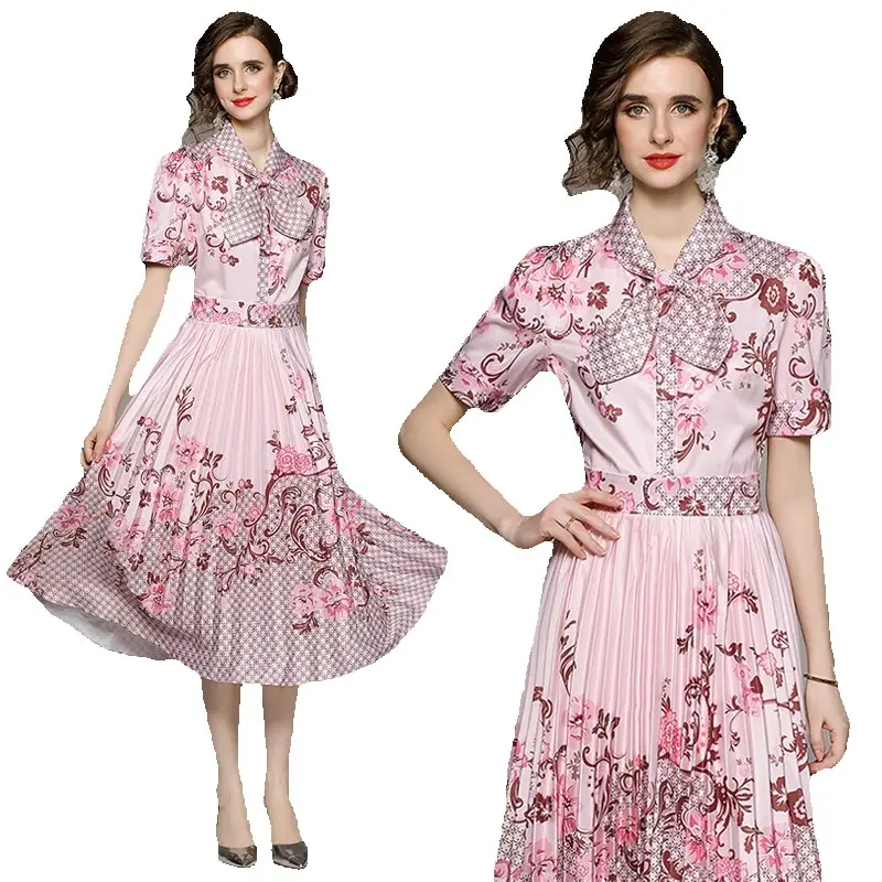 

Summer Floral Pleated Short Sleeve Midi Dress 2023 Women Designer Vacation Graceful Print Party Slim Bow Tie Neck Pink Dresses