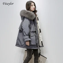 Fitaylor giacca invernale con cappuccio in pelliccia di volpe naturale grande donna 90% piumino d'anatra bianco parka spesso cappotto da neve con fascia calda