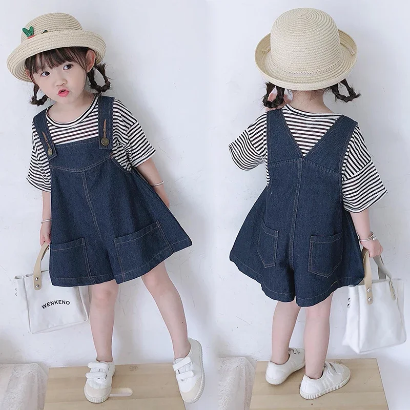 

Summer Baby Girls Clothing Sets 2024 New Fashion Korean Style Tops + Straps Denim Shorts 2Pcs Outfits Boutique Overalls 1-9 Year