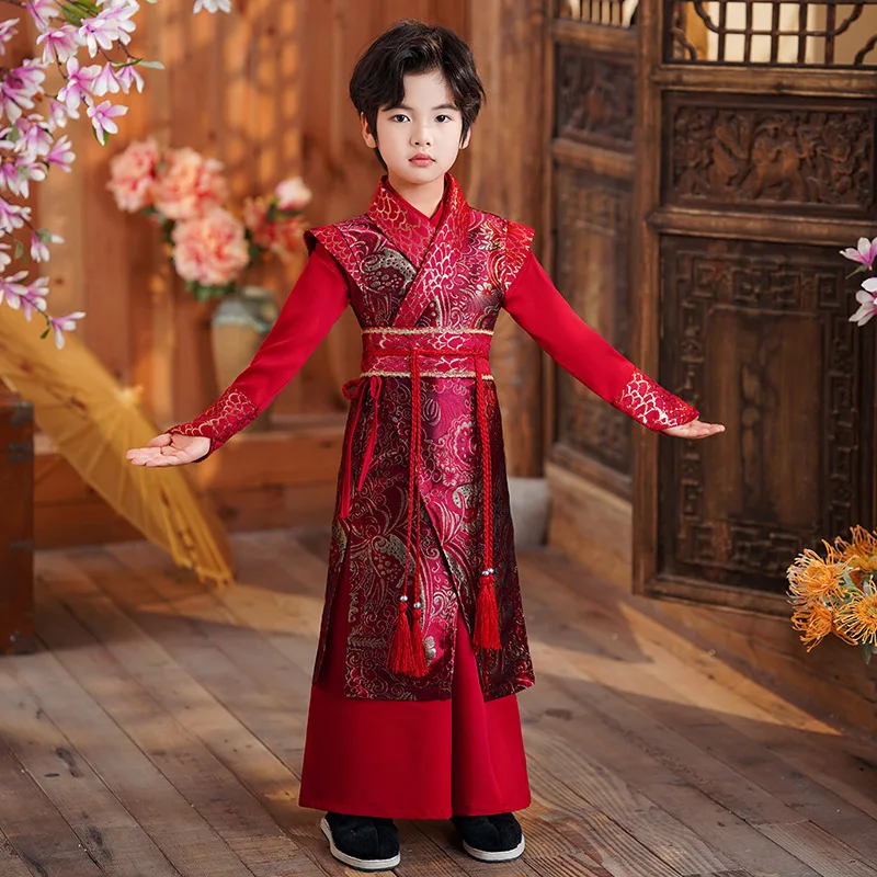 New High Quality Embroidery Modified Tang Costume Traditional Chinese Style Hanfu Red New Year Costume Cool Boy Cosplay Uniform