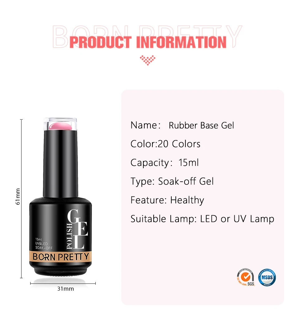 Description Picture 3 of itemBORN PRETTY Rubber Base Gel Nail Polish Pink White Base Gel Top Coat Jelly Semi Transparen French Soak Off UV Nail Art Varnish