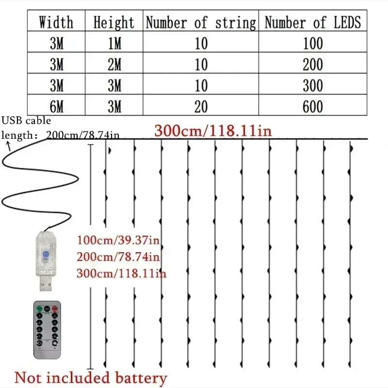 Home Decoration Garland Lights LED USB Curtain String Lights 8 Modes Fairy Christmas with Remote Control for Bedroom Wedding