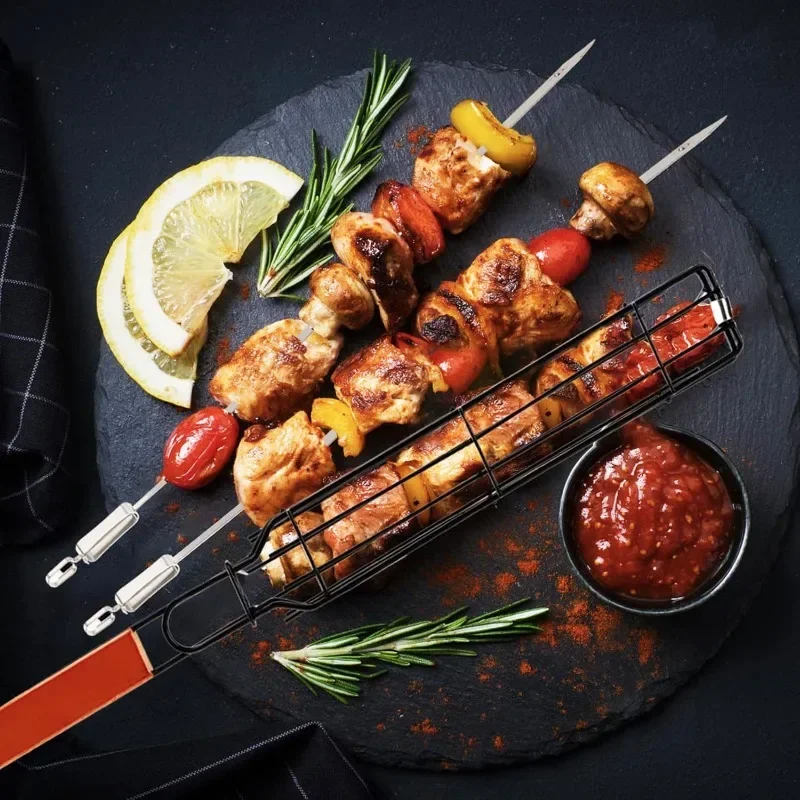 Barbecue Cage Outdoor Camping Barbecue Net Square BBQ Skewers Basket Wooden Handle Meat and Vegetable Barbecue Tube BBQ Tools