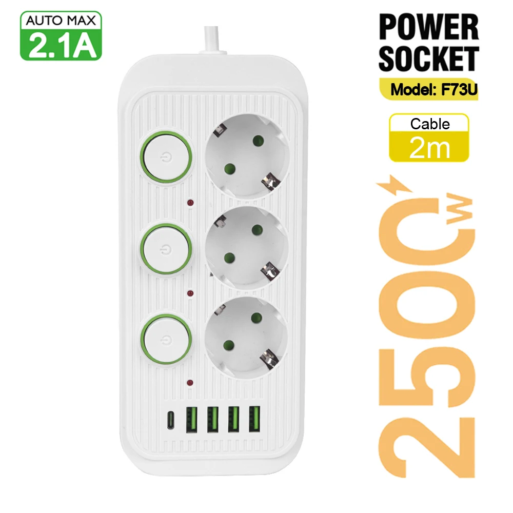 European Standard Power Strip with USB Ports and Network Filter, Individual Switch, EU Plug
