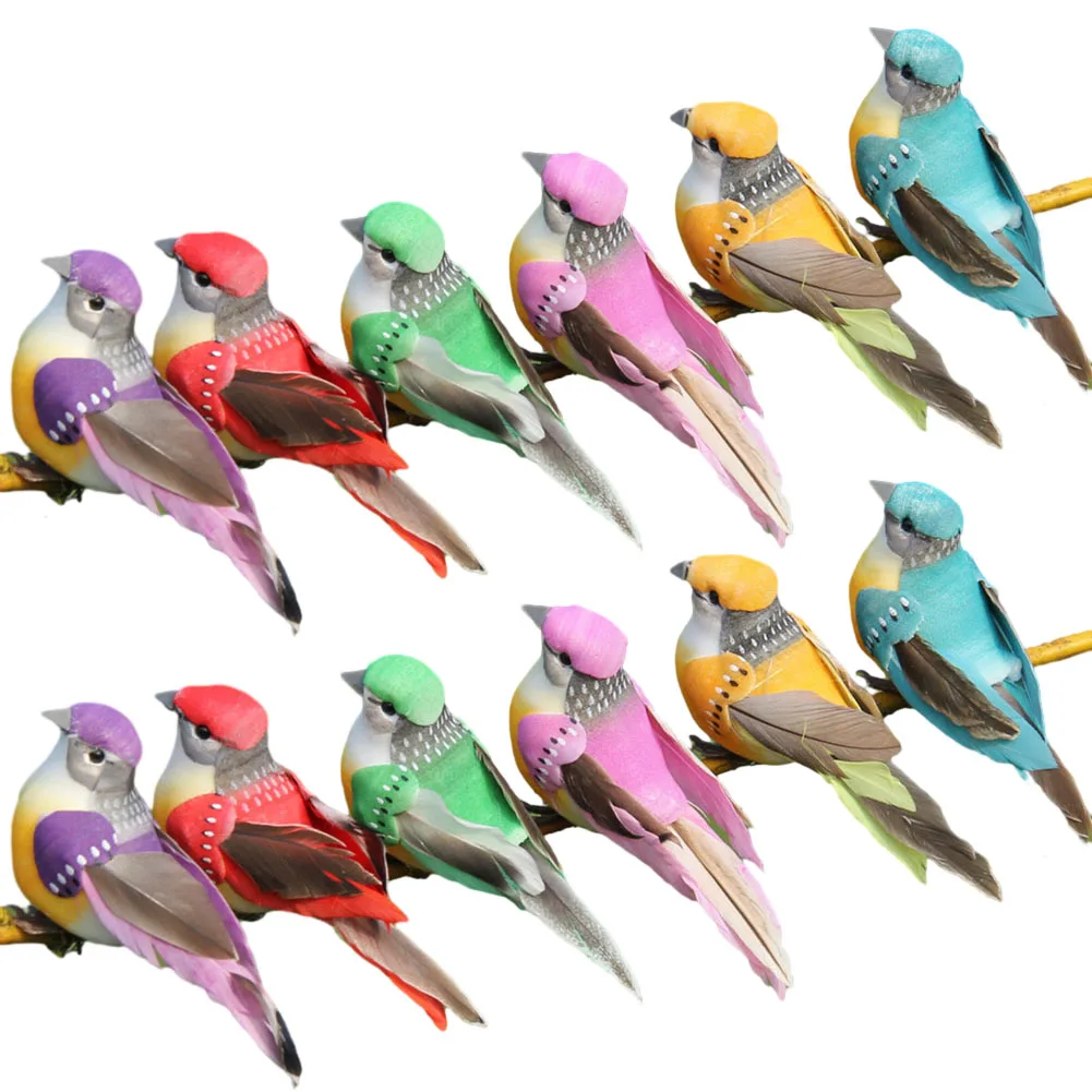 

12pc Simulation Feather Birds With Claw Figurines Artificial Foam Small Birds Miniatures Colored Home Garden Yard Ornament Decor