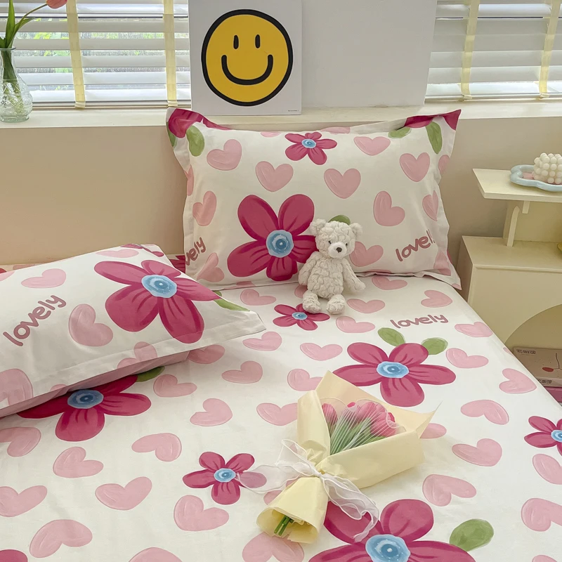 100%Pure Cotton Fitted Bed Sheet Sets with Pillowcase Flower Printing Bed Cover Single/Queen/King Size fundas de colchón Sheets 2