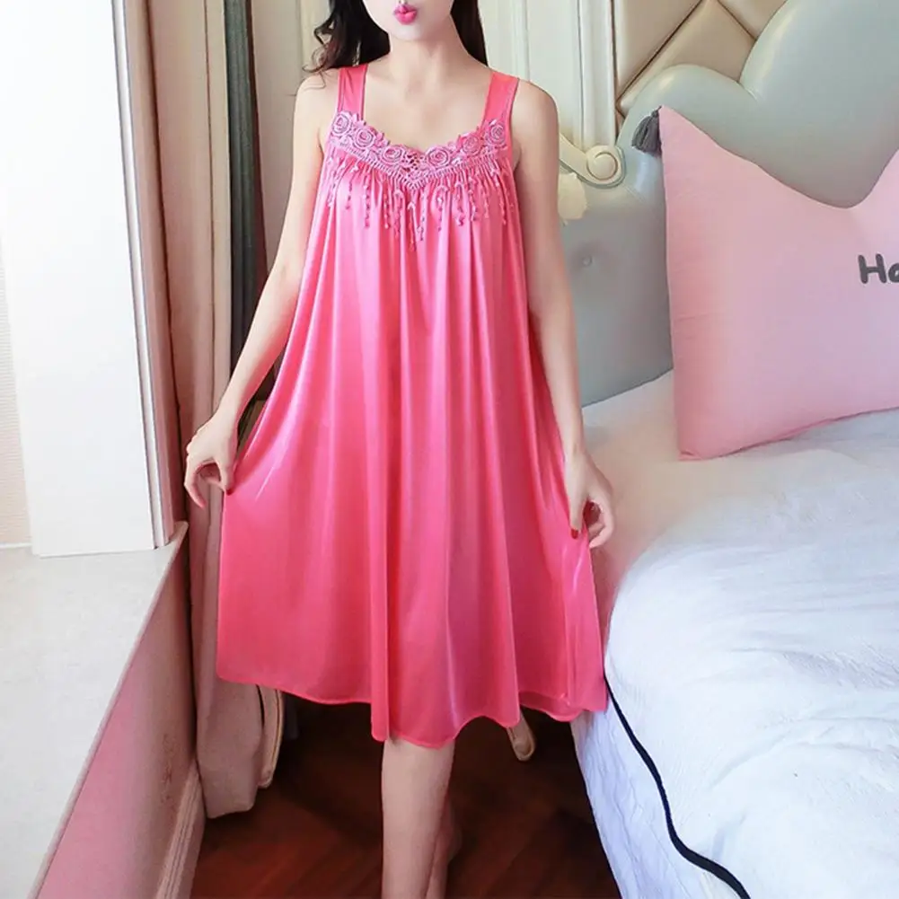 Women Nightdresses Solid Color Sleeveless Knee Length Breathable Great Stitching Women Nightie Lady Pajamas