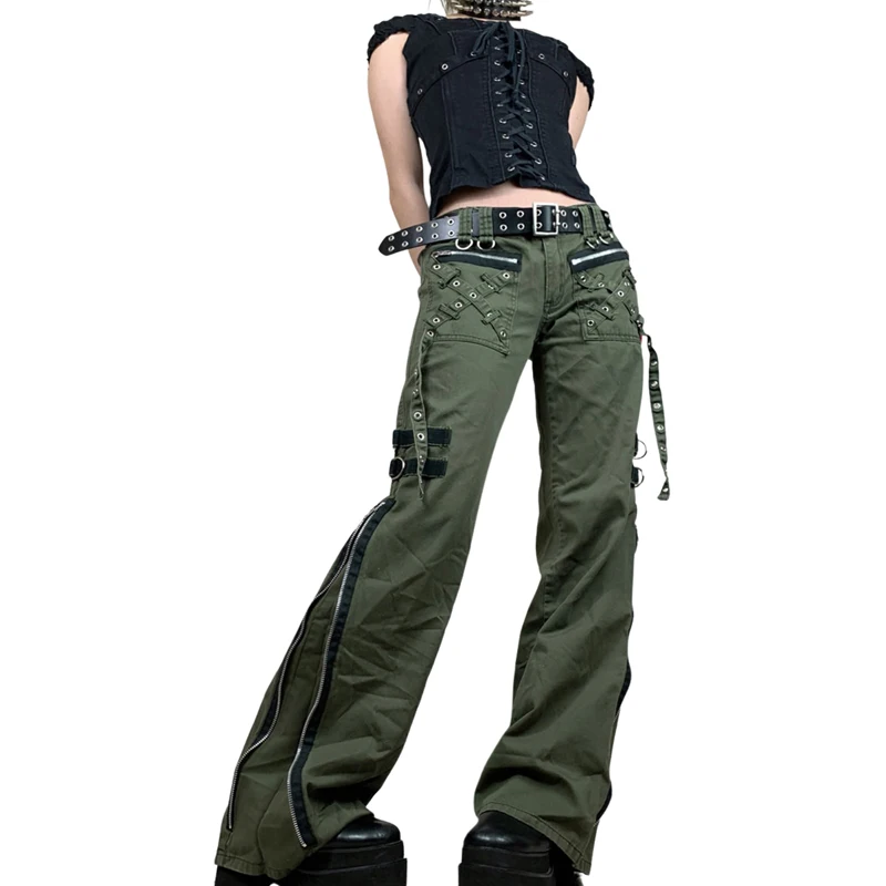 

Women s Stylish Khaki Cargo Pants Trendy Low-Waist Zipper Fly Trousers with Multiple Pockets Perfect for Fashionable Ladies