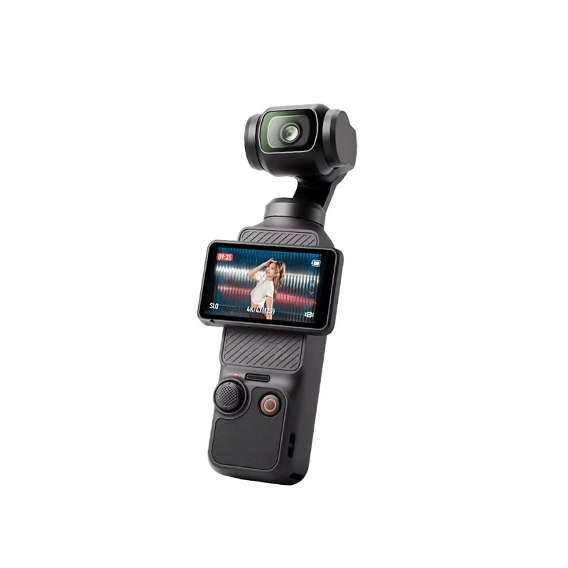 Caméra DJI Pocket 1ère génération vue de face, avec objectif orientable et écran tactile, parfaite pour les vlogueurs.
