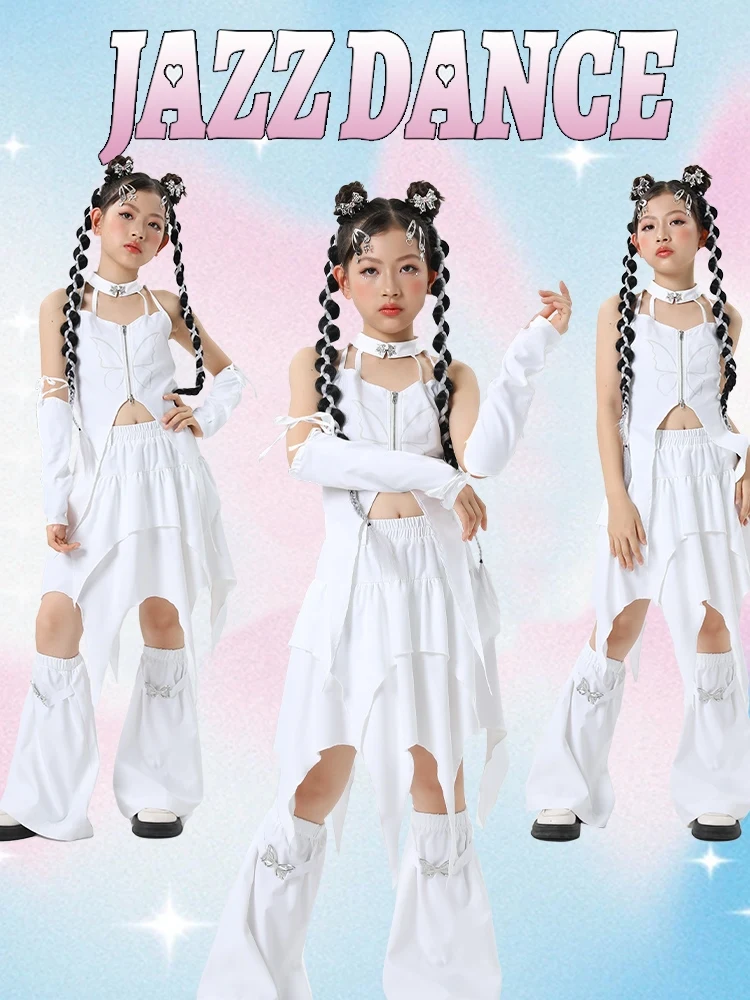 

2024 Fashion Hip Hop Dance Costumes For Girls White Kpop Outfits Children Modern Jazz Performance Stage Rave Clothes DQS16217