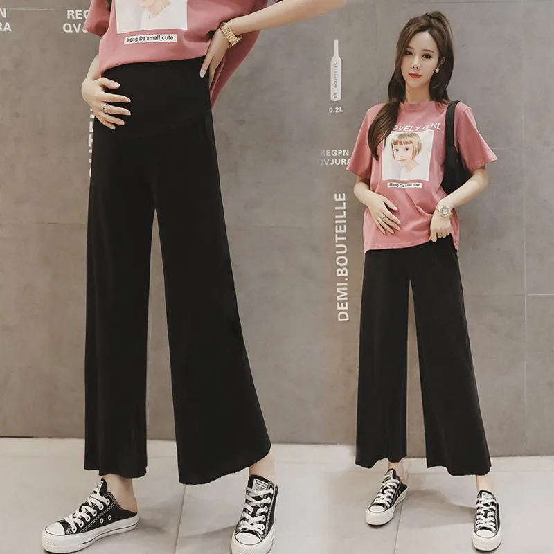 Summer Maternity Wide Leg Capris Cool Ice Silk Pleated Loose Pants for Pregnant Women