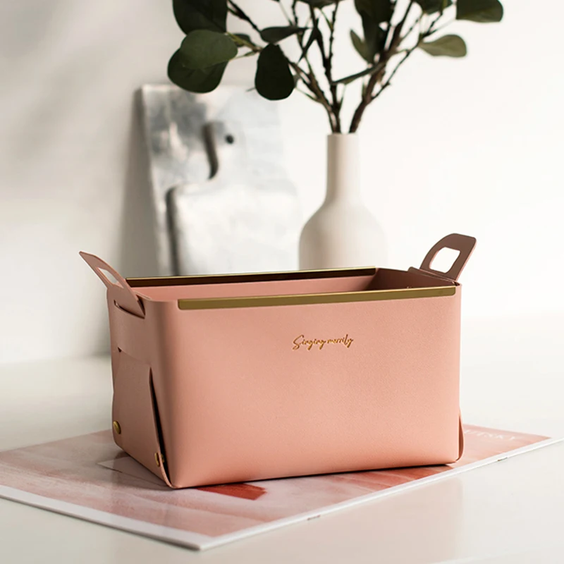 Metal Edged Leather Cosmetic Storage Boxes Creative Home Desktop Storage Ornament Solid Color Retro Exquisite Storage Basket 3